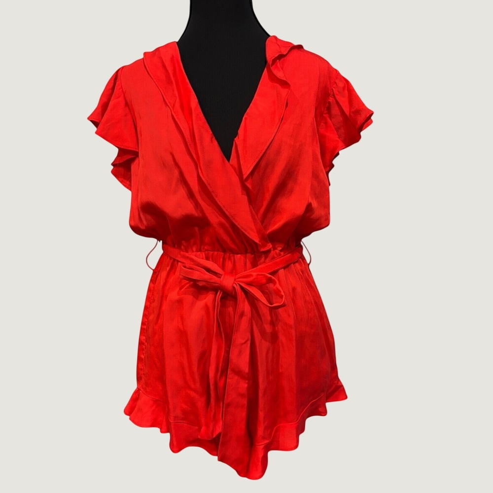 Lovers + Friends Getaway Romper Red Flutter-Sleeve Surplice Self-Tie Waist Belt
